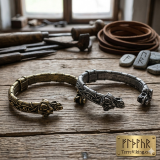 Bracelet jonc viking avec têtes de loups Fenrir en argent et bronze antique posé sur un établi en bois.