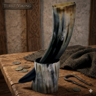 Corne à boire viking authentique en corne de buffle avec support en cuir lacé
