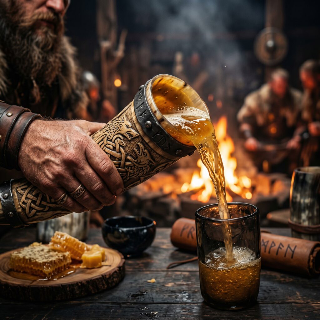 Bouteille d'hydromel artisanal et pot de miel de Normandie, servis dans le style Terre Viking."