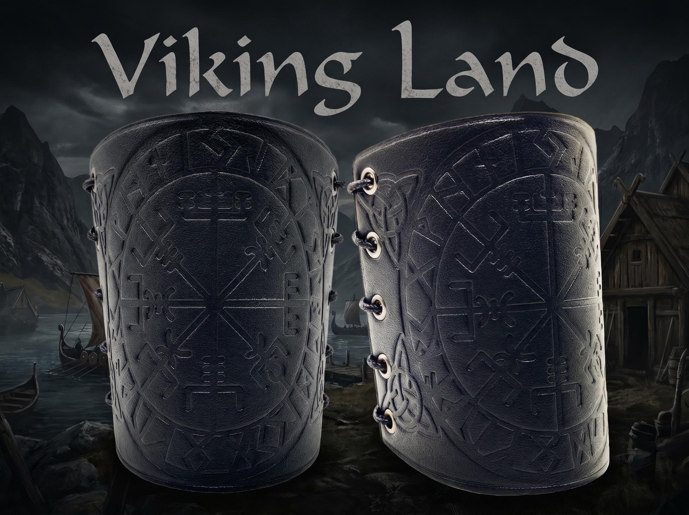 Manchette cuir viking de combat noire avec gravure runique et lacages Terre Viking