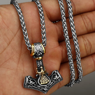 Collier marteau de thor Mjollnir pendentif acier et or Terre Viking