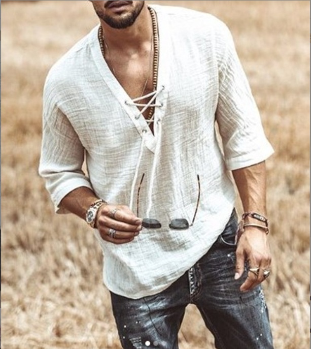 Chemise de Plage Nordique "Ragnar" - Texture Gaufrée et Col Lacé – Image 2