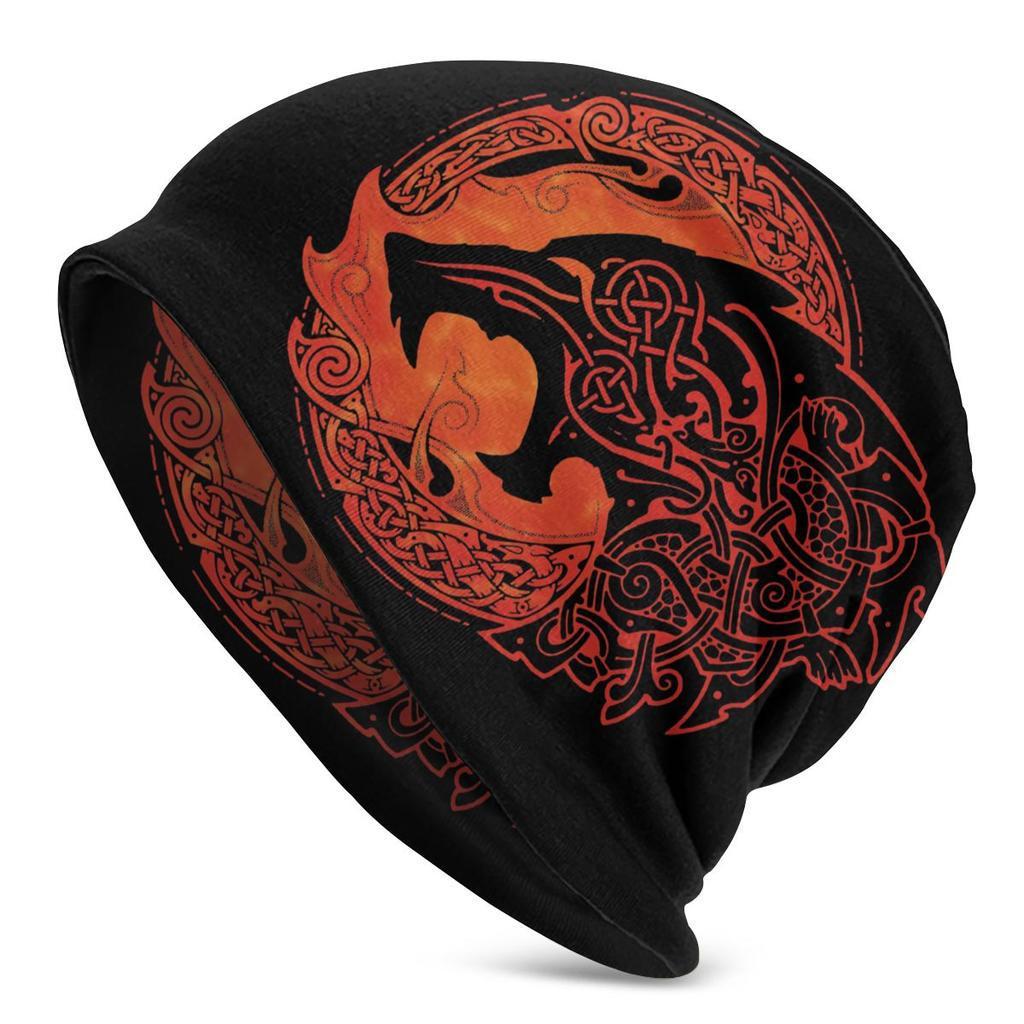 Bonnet viking Loup Fenrir noir et rouge style nordique Terre Viking